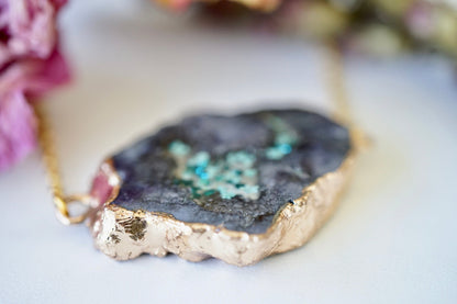 Real Pressed Flowers in Resin, Gold Druzy Geode Necklace in Black Teal and Mint