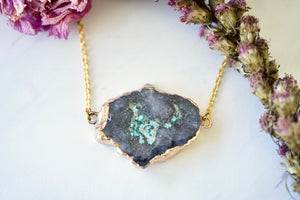 Real Pressed Flowers in Resin, Gold Druzy Geode Necklace in Black Teal and Mint