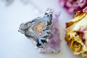 Real Pressed Flowers in Resin, Silver Druzy Geode Necklace in Black and Party Mix