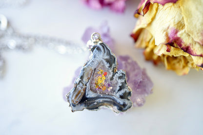 Real Pressed Flowers in Resin, Silver Druzy Geode Necklace in Black and Party Mix