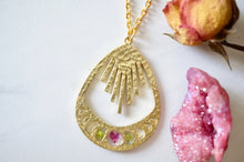 Real Pressed Flowers in Resin, Gold Moon Phase Necklace with Heather Flower and Green Dragon Lepidium
