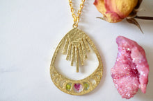 Real Pressed Flowers in Resin, Gold Moon Phase Necklace with Heather Flower and Green Dragon Lepidium