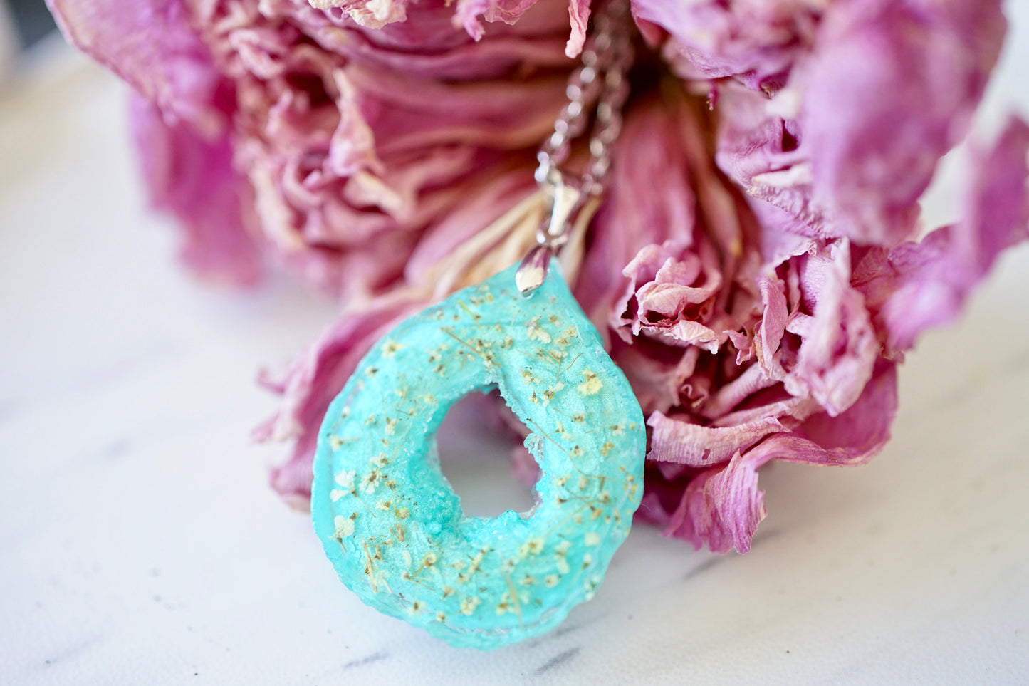 Real Pressed Flowers in Resin, Teal Geode Necklace with Yellow Flowers