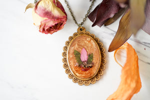 Real Pressed Flowers in Resin, Wood Necklace in Orange with Mixed Flowers
