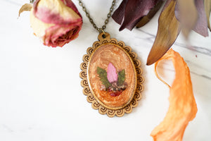 Real Pressed Flowers in Resin, Wood Necklace in Orange with Mixed Flowers