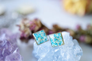 Real Pressed Flowers and Resin, Square Stud Earrings in Mint and Teal
