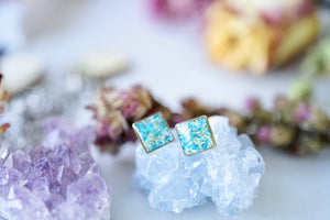 Real Pressed Flowers and Resin, Square Stud Earrings in Mint and Teal