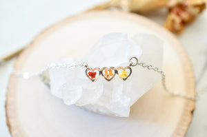 Real Pressed Flowers Necklace, Silver Hearts in Red Orange Yellow