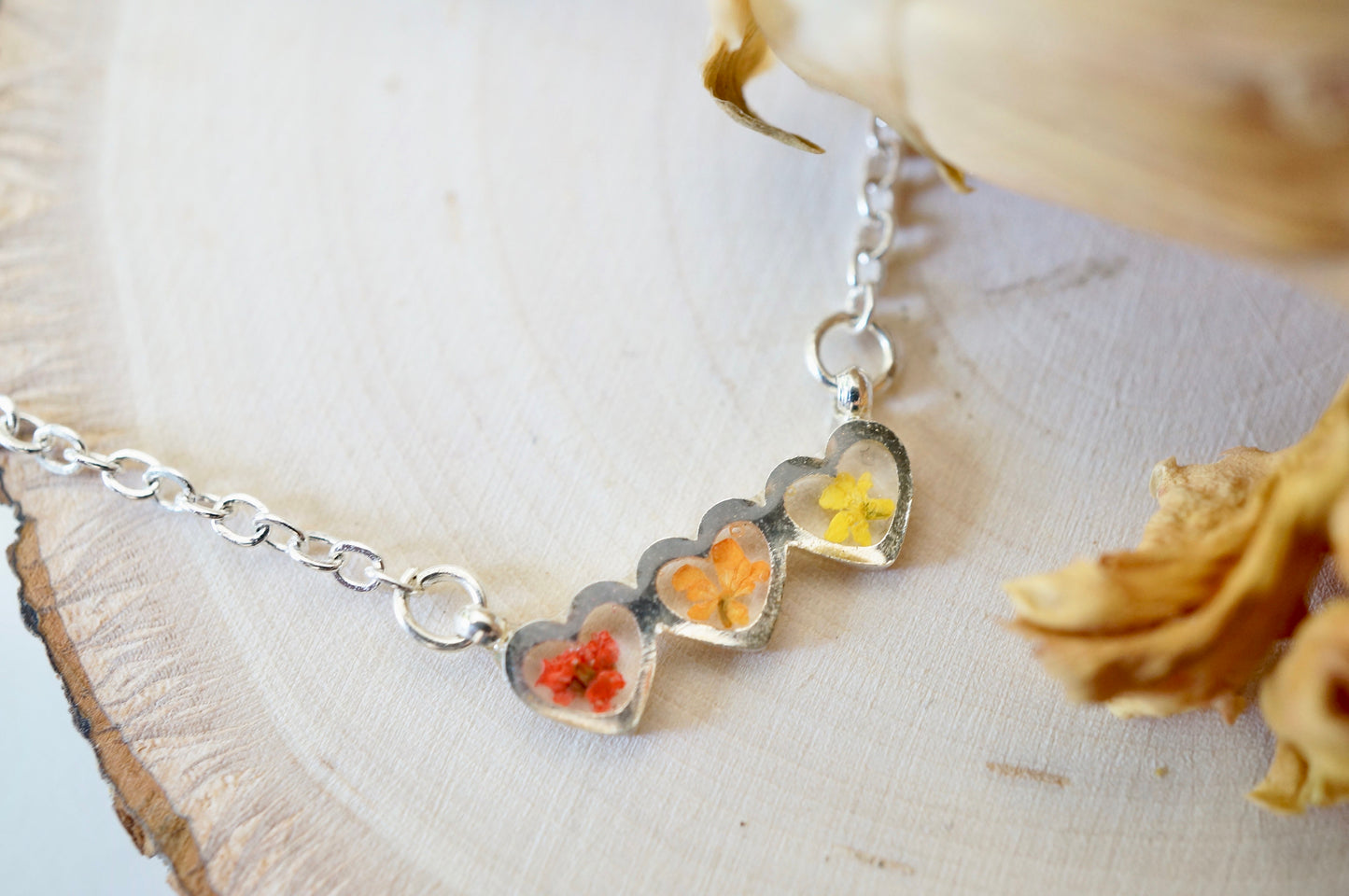 Real Pressed Flowers Necklace, Silver Hearts in Red Orange Yellow