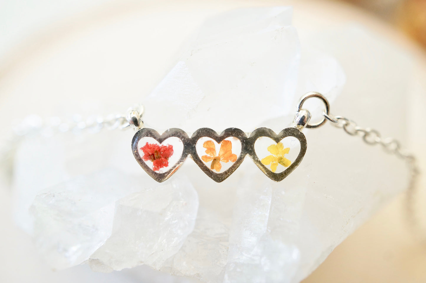 Real Pressed Flowers Necklace, Silver Hearts in Red Orange Yellow