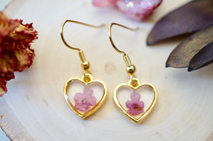 Real Pressed Flowers Earrings, Gold Heart Drops in Purple