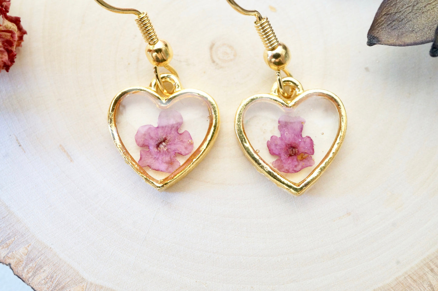 Real Pressed Flowers Earrings, Gold Heart Drops in Purple