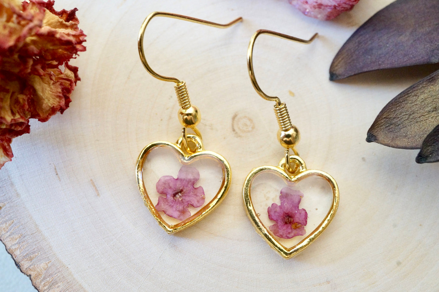 Real Pressed Flowers Earrings, Gold Heart Drops in Purple