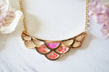 Real Pressed Flowers in Resin, Gold Necklace, Mermaid Scales in Pink and Red