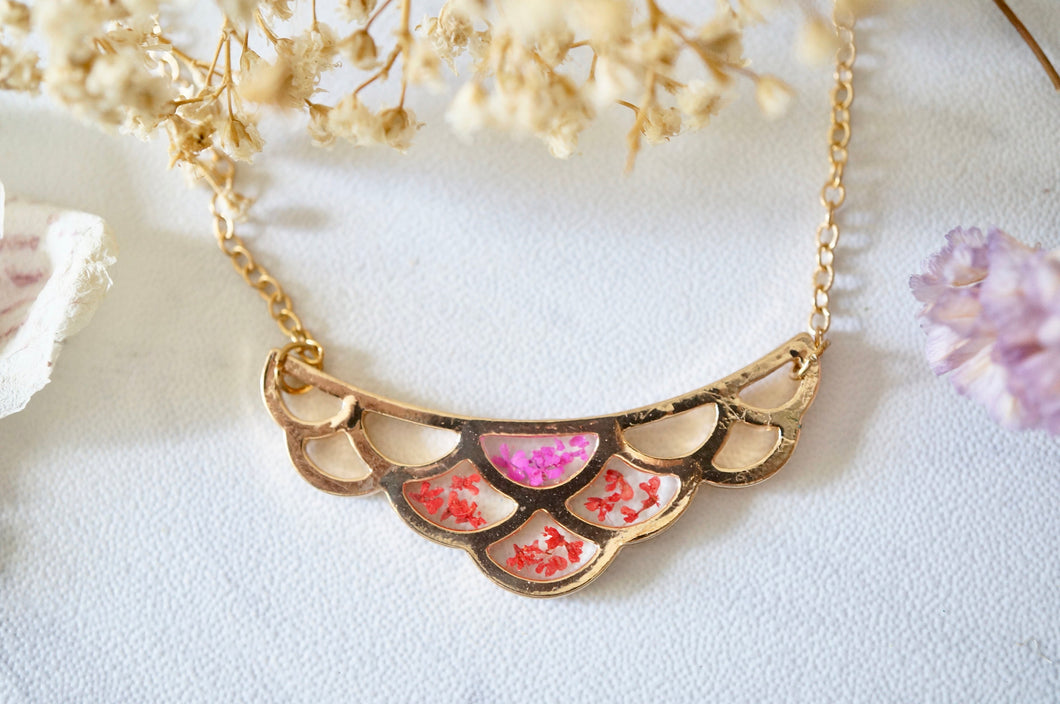 Real Pressed Flowers in Resin, Gold Necklace, Mermaid Scales in Pink and Red