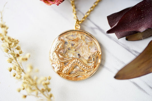 Real Pressed Flowers in Resin, Gold Mermaid Necklace