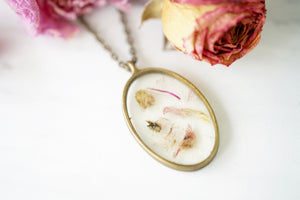 Real Pressed Flowers in Resin, Bronze Oval Necklace in Mix
