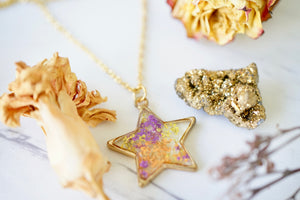 Real Pressed Flowers in Resin, Gold Star Necklace in Purple Orange Yellow