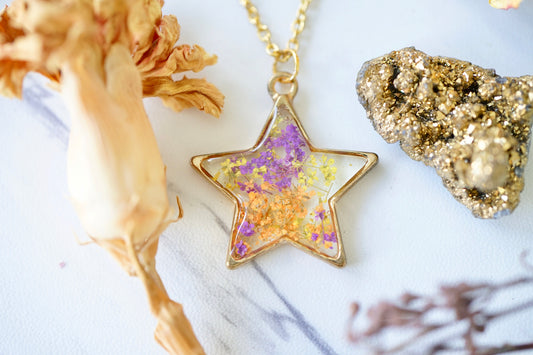 Real Pressed Flowers in Resin, Gold Star Necklace in Purple Orange Yellow