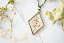 Real Pressed Flowers in Resin, Bronze Diamond Necklace in Red and Yellow