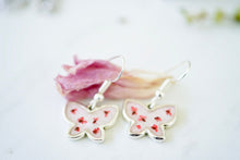 Real Pressed Flowers Earrings, Silver Butterfly Drops in Red