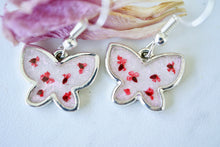 Real Pressed Flowers Earrings, Silver Butterfly Drops in Red