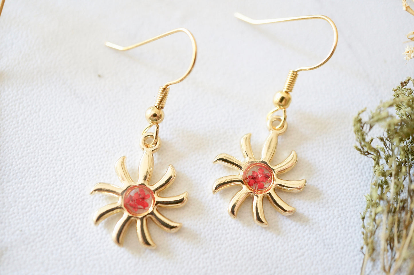 Real Pressed Flowers Earrings, Gold Sun Drops in Red