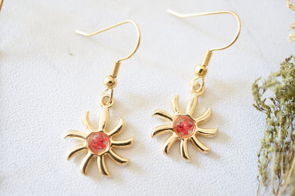 Real Pressed Flowers Earrings, Gold Sun Drops in Red