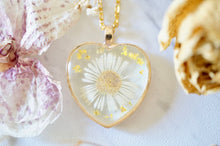 Real Pressed Flowers in Resin, Gold Heart Necklace in White Daisy and Yellow