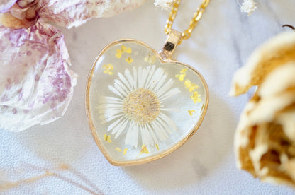 Real Pressed Flowers in Resin, Gold Heart Necklace in White Daisy and Yellow