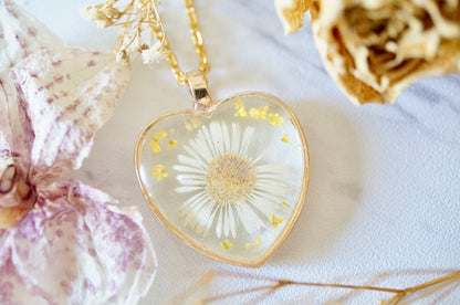 Real Pressed Flowers in Resin, Gold Heart Necklace in White Daisy and Yellow