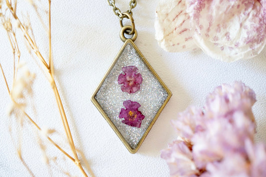 Real Pressed Flowers in Resin, Bronze Necklace in Purple and Iridescent Glitter