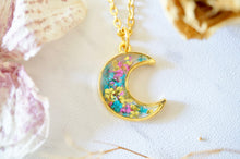Real Pressed Flowers in Resin, Gold Moon Necklace in Yellow Pink Teal