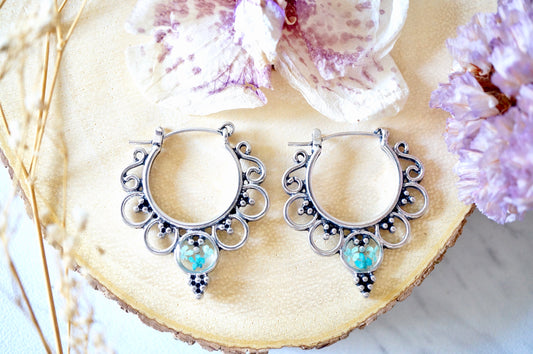 Real Pressed Flowers Earrings, Silver Tribal Hoops in Teal and Mint