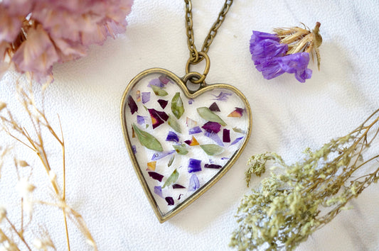 Real Pressed Flowers in Resin, Bronze Heart Necklace in Purple Mix