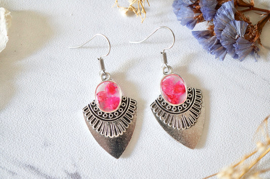 Real Pressed Flowers Earrings, Silver Drops in Neon Pink