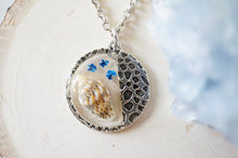 Real Pressed Flowers in Resin, Silver Necklace in Blue with Real Seashell