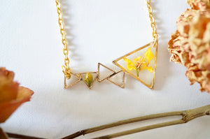 Real Pressed Flowers in Resin, Gold Necklace in Yellow