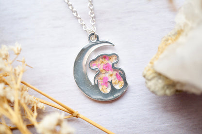 Real Pressed Flowers in Resin, Silver Bear and Moon Necklace in Yellow and Pink