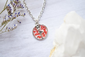 Real Pressed Flowers in Resin, Silver Yoga Necklace in Red