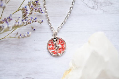 Real Pressed Flowers in Resin, Silver Yoga Necklace in Red