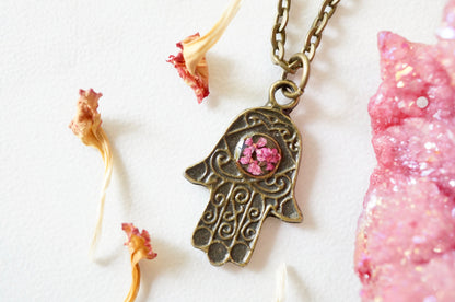 Real Pressed Flowers in Resin, Bronze Hamsa Necklace in Pink