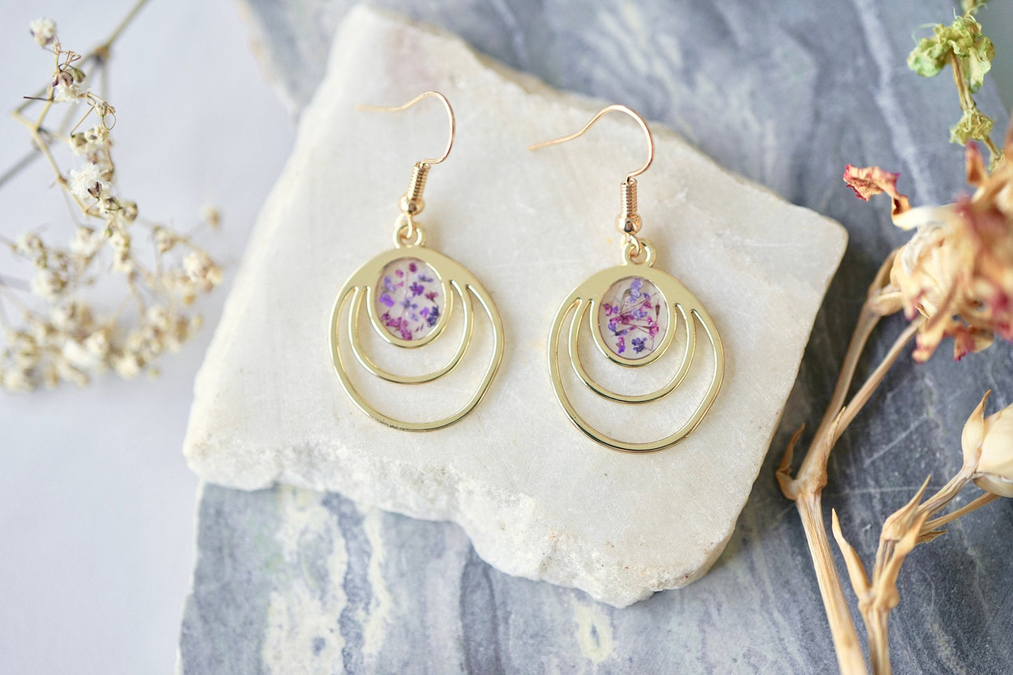 Real Pressed Flowers Earrings, Gold Drops in Purples