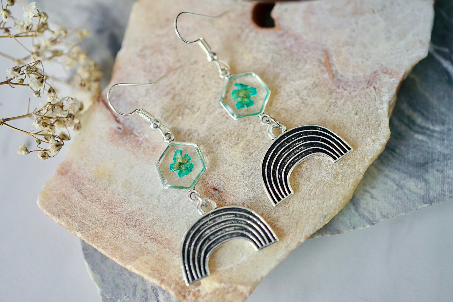 Real Pressed Flowers Earrings, Silver Rainbow Drops in Teal