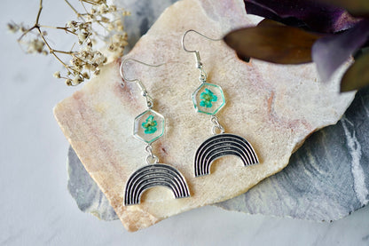 Real Pressed Flowers Earrings, Silver Rainbow Drops in Teal