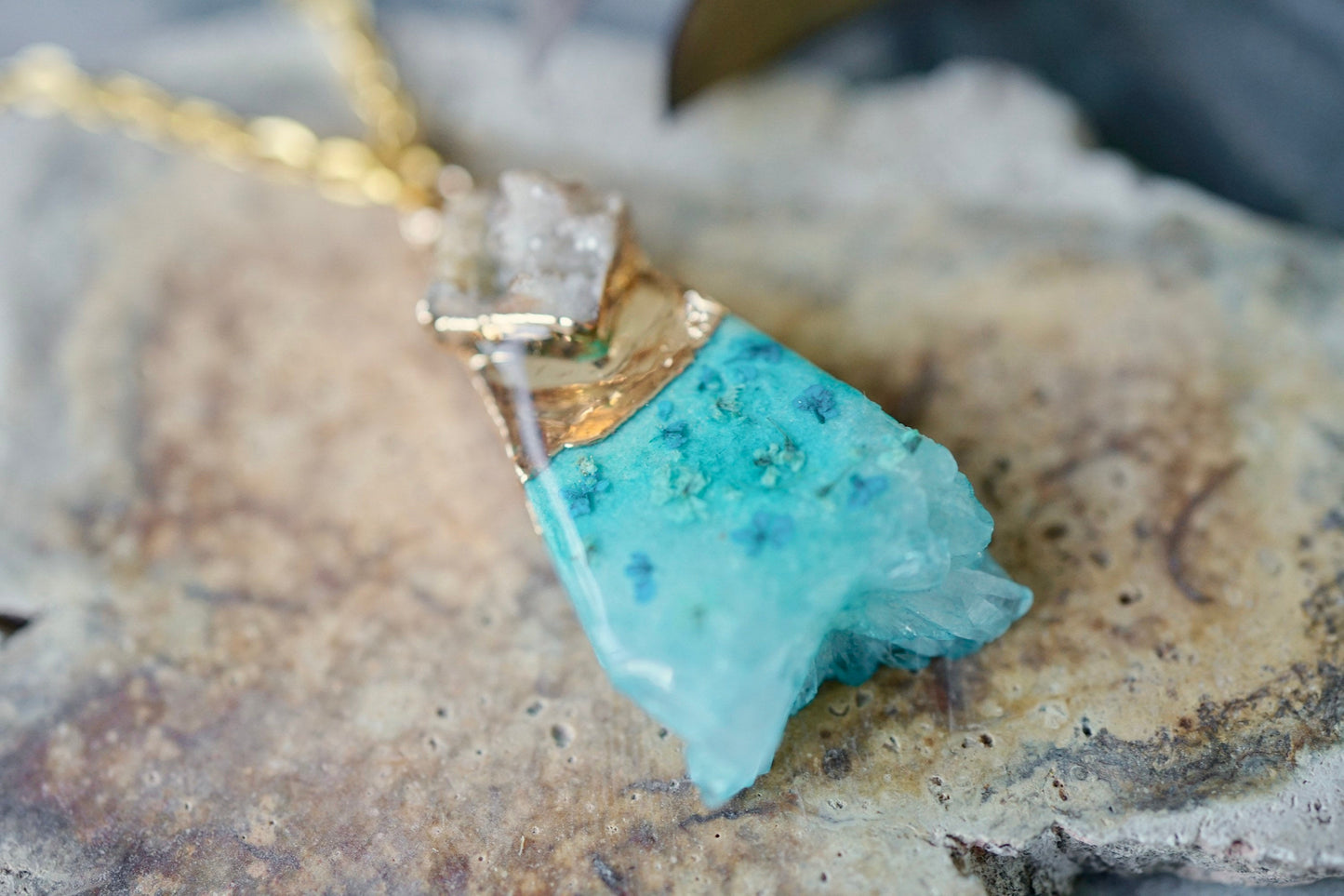 Real Pressed Flowers in Resin, Gold Druzy Geode Necklace in Teal and Mint