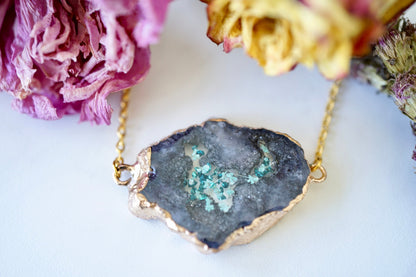 Real Pressed Flowers in Resin, Gold Druzy Geode Necklace in Black Teal and Mint