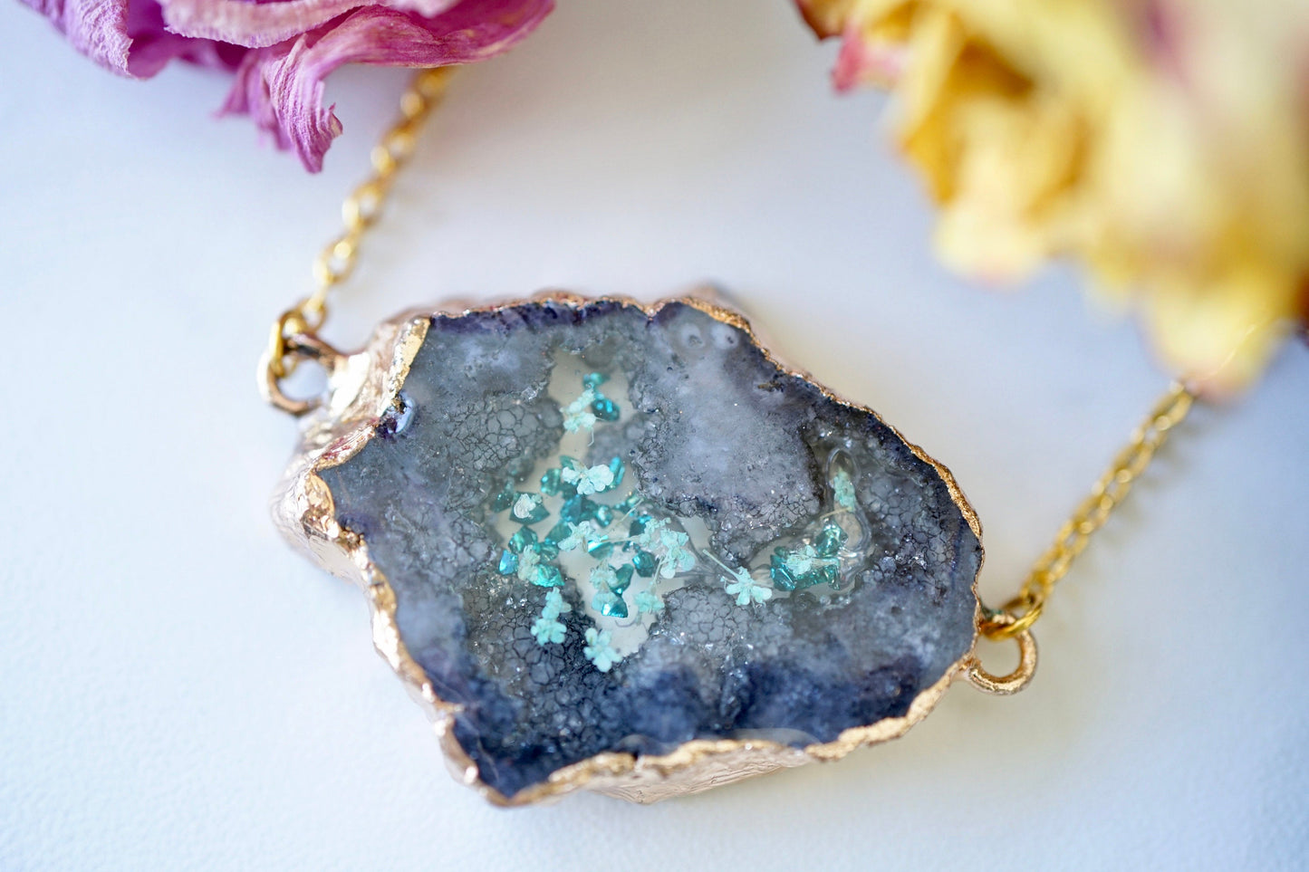 Real Pressed Flowers in Resin, Gold Druzy Geode Necklace in Black Teal and Mint