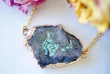 Real Pressed Flowers in Resin, Gold Druzy Geode Necklace in Black Teal and Mint
