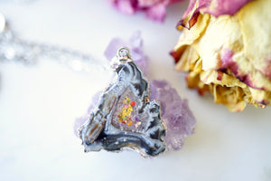 Real Pressed Flowers in Resin, Silver Druzy Geode Necklace in Black and Party Mix